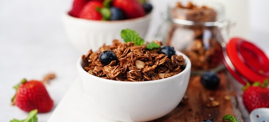 Homemade Chocolate cocoa Granola - healthy breakfast concept, selective focus