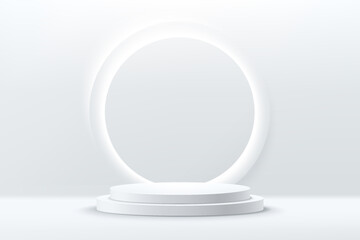 Abstract shiny silver cylinder pedestal podium. Sci-fi white empty room concept with circle glowing neon lighting. Vector rendering 3d shape, Product display presentation. Futuristic white wall scene.
