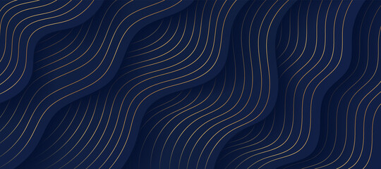 Fototapeta na wymiar Abstract fluid wavy shape on dark navy blue background, Golden lines decorate. Luxury layered curve pattern design. You can use for cover brochure template, poster, banner web, print ad. EPS10 vector