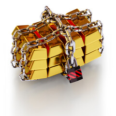 gold bars secured by chains with padlock 
