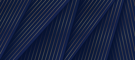 Abstract geometric shape on dark navy blue background, Golden lines decorate. Luxury overlap layered rectangle pattern design. You can use for cover, template, poster, banner web. EPS10 vector