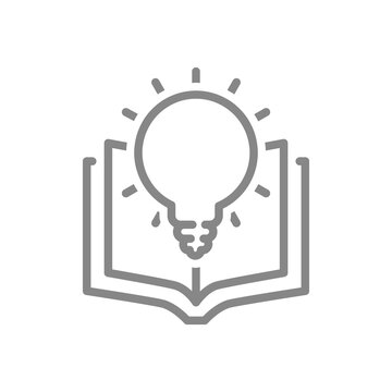 Open book with light bulb line icon. Encyclopedia, smart thinking, brainstorm symbol