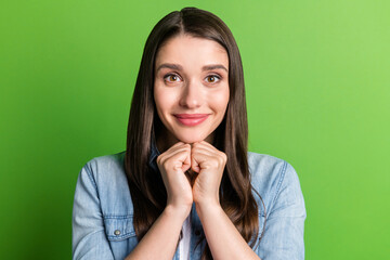 Portrait of attractive girlish cheerful girl anticipating good news hope luck isolated over bright...