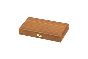 Wooden box with a metal lock. Drawer made of light wood and dark upholstered interior for storing valuables. Isolate on a white back.
