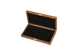 An open wooden box with a metal lock. Drawer made of light wood and dark upholstered interior for storing valuables. Isolate on a white back.
