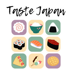 Colorful vector illustration banner with Japanese food and lettering