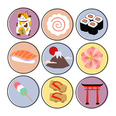 Colorful vector illustration, set of Japanese items in circles, including lucky cat, food, japanese footwear, torii gate, mount Fuji and sakura