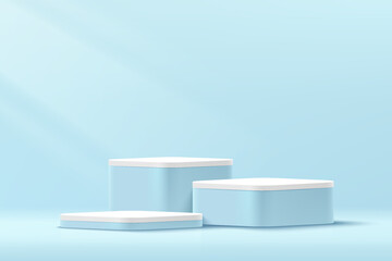 Blue and white round corner cube pedestal podium. geometric platform. Blue minimal wall scene. Pastel color abstract room design. Vector rendering 3d shape for cosmetic product display presentation.