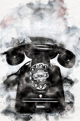Naklejka premium old black vintage telephone in watercolors