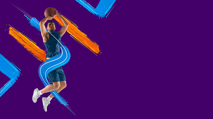 Flyer. Athletic man, basketball player training isolated in neon light on purple background. Art collage. Watercolor paints. Concept of sport, game, action.
