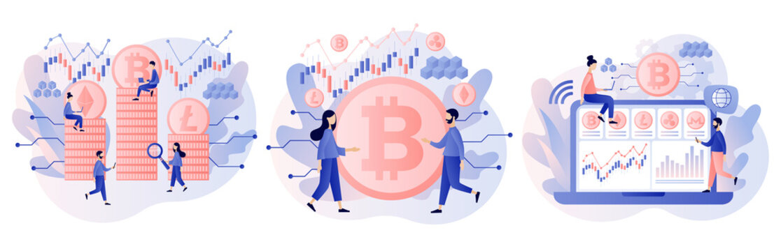 Crypto currency. Bitcoin, altcoin. Digital web money. Blockchain. Fintech industry. Business, finance. Tiny people trading and investing. Modern flat cartoon style. Vector illustration 