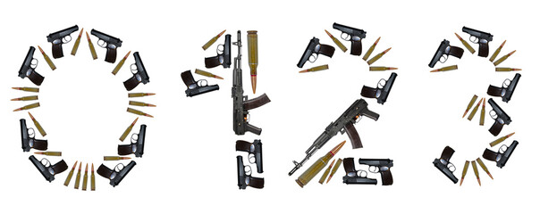 The numbers 0, 1, 2, 3 are made from weapons