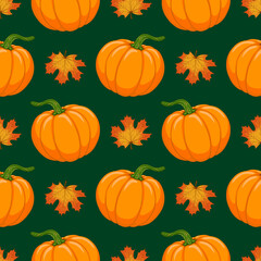 Cartoon orange Pumpkin and Autumn maple falling leaves vector seamless pattern. Hand drawn background for Fall season, Harvest, Thanksgiving Day prints, fabric, textile, greeting card, invitation