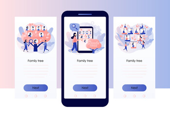 Family tree. Genealogy. Pedigree. Tiny people: grandparents, parents, children. Example of relatives connection data. Screen template for mobile, smartphone app. Modern flat cartoon style. Vector