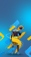 Sportive athletic african-american male basketball player posing in neon light on blue background....