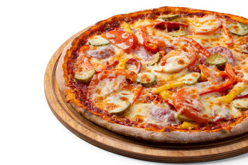 Fresh pizza on wooden board isolated on white