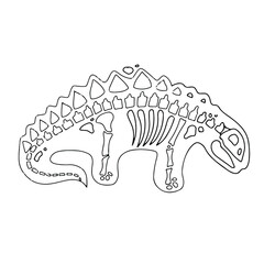 Dinosaur skeleton in cartoon style. The bones of a prehistoric animal. Archeology. Black and white Vector illustration isolated on white background. © Oksana