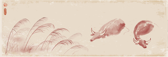 Two water buffalo in river and leaves of grass. Traditional oriental ink painting sumi-e, u-sin, go-hua on vintage background. Hieroglyph - harmony.