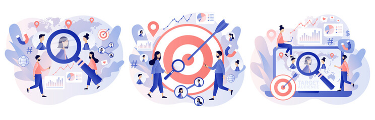 Target audience, customers outreach, digital targeting marketing, business goal, sales generation. Tiny people set up advertice on social networks. Modern flat cartoon style. Vector illustration 