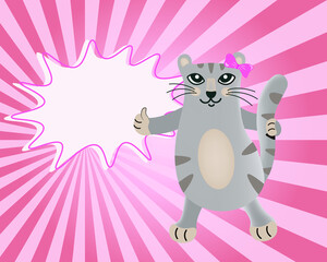 Cute cat tigress shows thumb up. Pop art portrait of a playful cat Successful cartoon character with speech bubble on bright pink rays background. Vector illustration, poster, banner in retro style.
