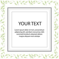 Square frame, green leaves on white background.Blank for advertising card or invitation. vector ,illustration.
