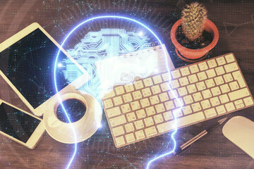 Multi exposure of brain drawing over work table desktop. Top view. Global data analysis concept.