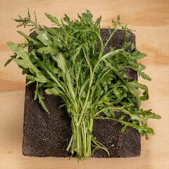 Rocket or arugula (Eruca vesicaria) bund resting on a metate, a Mexican stone utensil, seen from...