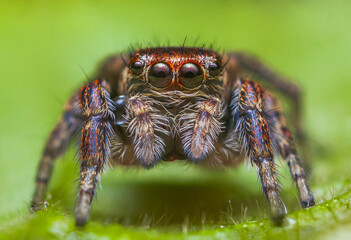 Female jumping spider Evarcha falcata close up portrait