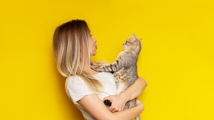 A young caucasian pretty cute blonde woman holds a tabby cat in her hands admiring it isolated on a...
