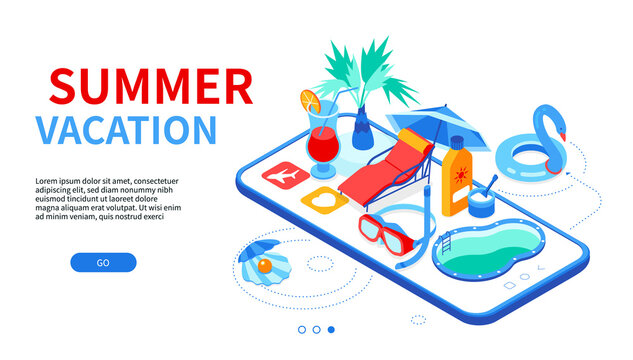 Summer vacation - modern colorful isometric web banner