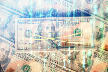 Double exposure of data theme drawing over us dollars bill background. Technology concept.