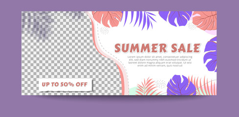 Summer sale banner template with flat tropical leaves background