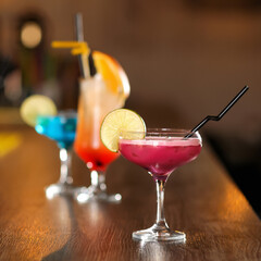 Colorful Set of tropical exotic cocktails on table. Summer drinks on blurred background. Vacation concept. Soft focus. Copy space.