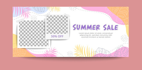 Summer sale banner template with flat tropical leaves background