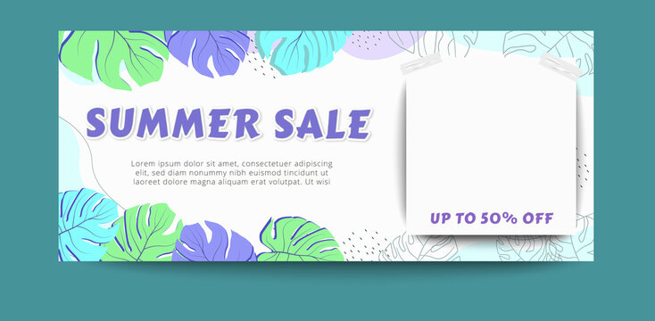 Summer sale banner template with flat tropical leaves background
