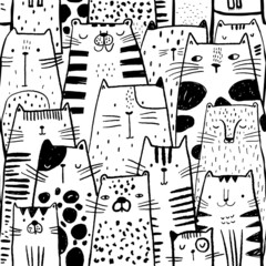 Seamless childish pattern with ink drawn cats. Creative kids hand drawn texture for fabric, wrapping, textile, wallpaper, apparel. Vector illustration
