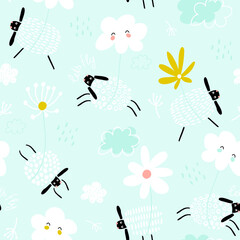 Seamless childish pattern with cute brash drawn sleeping sheeps flying with flowers. Creative scandinavian kids texture for fabric, wrapping, textile, wallpaper, apparel. Vector illustration