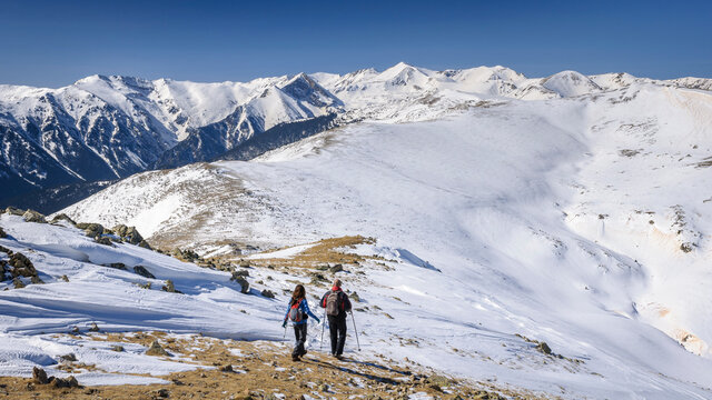 Costabona summit views in winter, looking to Vallter and Bastiments region, in the Eastern Pyrenees (Ripoll&egrave;s, Catalonia, Spain)