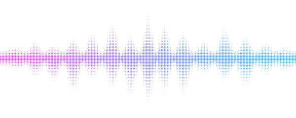 Sound waves with halftone effect. Abstract background with music equalizer for club party, pub, event dj or concert. Musical pulse and vibration on waveform. Vector illustration. - obrazy, fototapety, plakaty