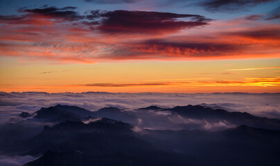 Foggy sunrise at La Figuerassa viewpoint (Berguedà, Catalonia, Spain, Pyrenees)