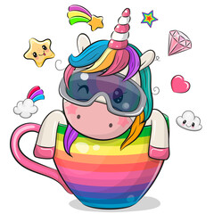 Cartoon-Einhorn mit Brille sitzt in einer Regenbogentasse