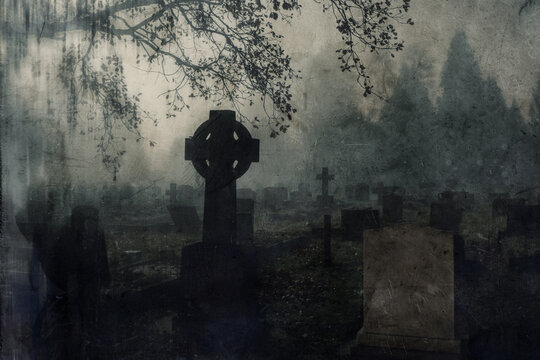 A spooky Victorian graveyard on a foggy, winters night. With a dark, grunge, edit.