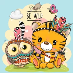 Poster Kinderkamer Cartoon tribal tijger en uil met veer