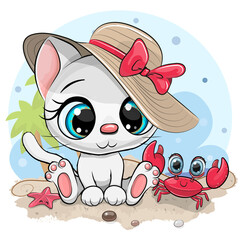 White Kitty in een hoed en schattige krab op het strand
