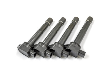 Ignition coil of car engine on white background, isolated, Car maintenance service.