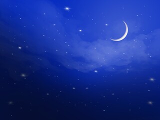Blue night sky with crescent moon and stars.
