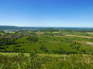 Fototapeta na wymiar bellissimo e rilassante panorama di campi coltivati nella regione francese del Jura