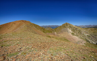 Monturull and Perafita peaks seen from the Coll de Monturull mountain pass in summer (Cerdanya, Catalonia, Spain, Pyrenees)