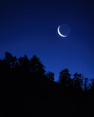 Fototapeta na wymiar Moon rising above the forest of the Bouillouses cataloged natural area (Pyrenees Orientales, Occitanie, France)