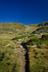 Fototapeta premium Path between the Estanys de la Pera refuge and the Collet de Sant Vicenç (Cerdanya, Catalonia, Spain, Pyrenees)